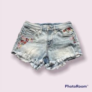 High Waisted Rise Embroidered Flowers Floral Frayed Cutoff Denim Festival Shorts